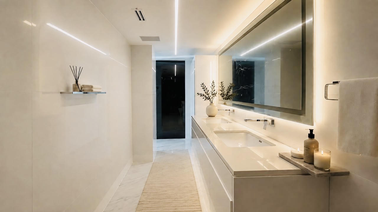 Baño contemporáneo con doble lavabo, espejo iluminado y perspectiva hacia una puerta oscura